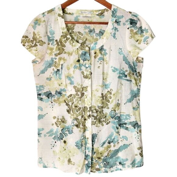 Van Heusen Artsy Watercolor Floral Smock Blouse Cap Sleeve Earthy Green Top Sz M - Picture 10 of 14